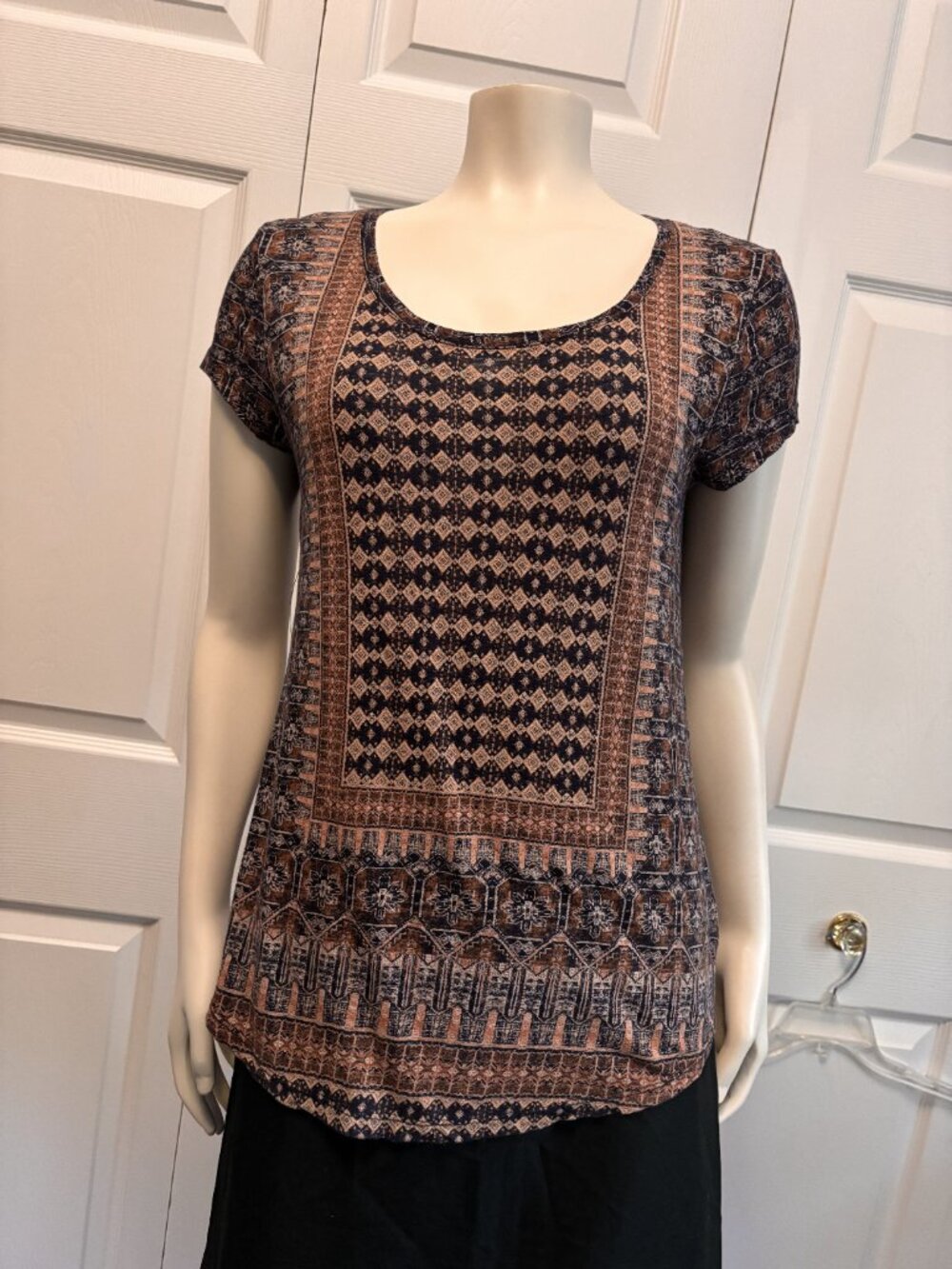 Lucky Brand Boho Print Top Small Geometric Tribal Scoop Neck Short Sleeve